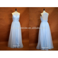 Fresh Light Blue Halter Floor Length Tulle Wedding Robe de demoiselle d&#39;honneur pour l&#39;été